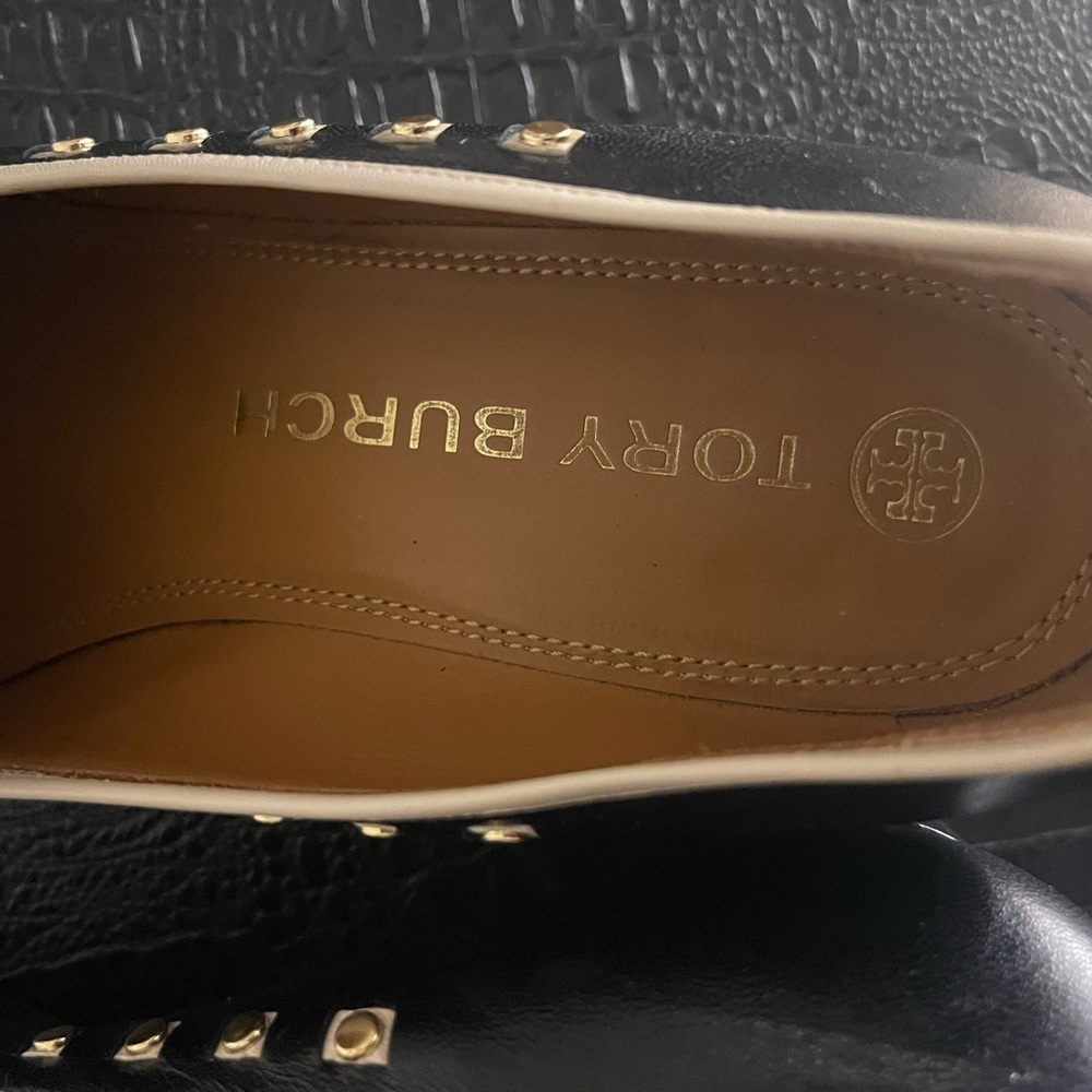 Tory Burch Black, Cream & Gold Studded Loafersl - Picture 5 of 9
